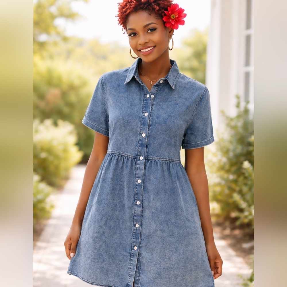 💙Faded DENIM Short-Sleeve FULL Button-Front BACK RUFFLES Sz L Ptp 21" L 35"